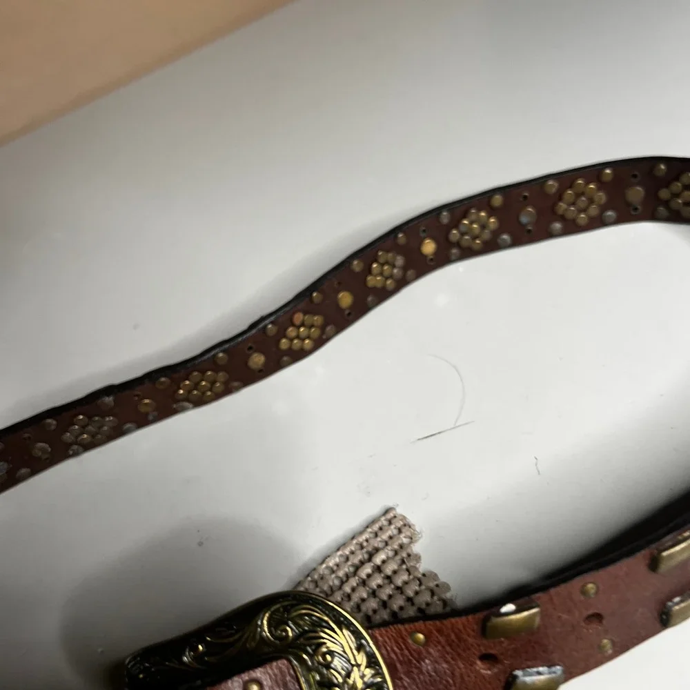 Genuine Leather Brown Western Studded Rhinestone Belt Brass Buckle Boho Medium